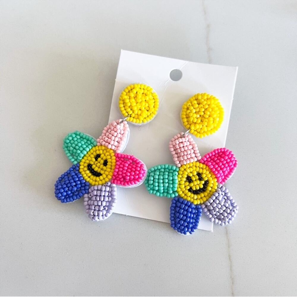 Colorful Floral Smiley Beaded Earrings - Picture 1 of 1